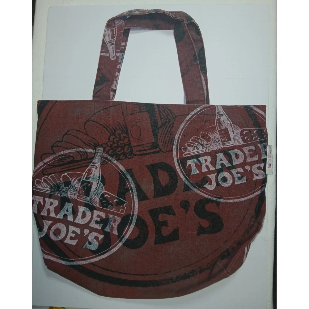 Rare Vintage Trader Joe's Canvas Tote Bag Maroon All Over Print Made In USA